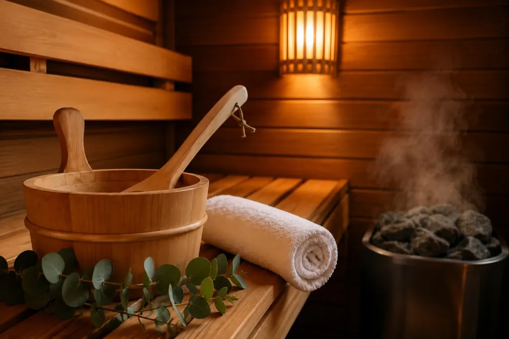 Wnętrze sauny w RELAX SPA — drewniana balia, ręcznik i rozgrzane kamienie
