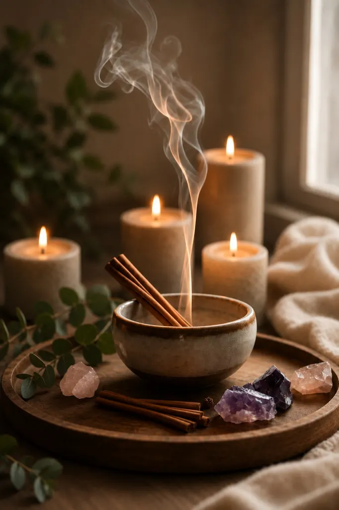 Miska z kadzidłem, świece i kamienie szlachetne — atmosfera rytuału SPA
