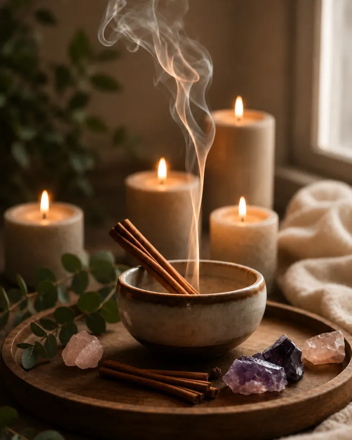 Miska z kadzidłem, świece i kamienie szlachetne — atmosfera rytuału SPA